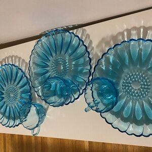 3 pc Blue Glass Snack Plate & Cup Sets Round Capri Daisy by Hazel Atlas